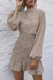 Elegant Print Flounce Lotus Leaf Collar Wrapped Skirt Dresses