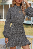 Elegant Print Flounce Lotus Leaf Collar Wrapped Skirt Dresses