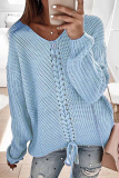 Casual Solid Cross Straps V Neck Tops Sweater