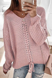 Casual Solid Cross Straps V Neck Tops Sweater