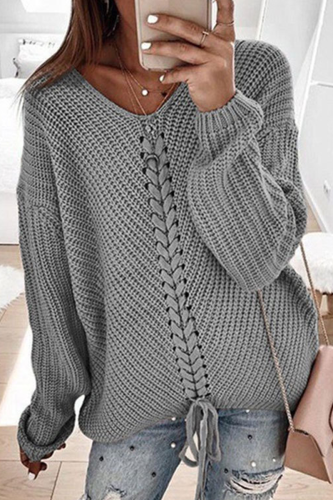 Casual Solid Cross Straps V Neck Tops Sweater
