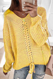 Casual Solid Cross Straps V Neck Tops Sweater