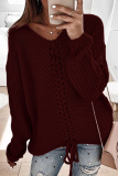Casual Solid Cross Straps V Neck Tops Sweater