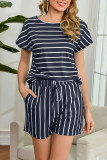 Fashion Casual Striped Split Joint O Neck Short Sleeve Two Pieces
