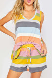 Fashion Living Striped Split Joint V Neck Sleeveless Two Pieces