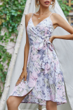 Sweet Floral Split Joint With Belt V Neck A Line Dresses