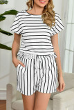 Fashion Casual Striped Split Joint O Neck Short Sleeve Two Pieces