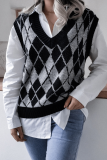 Casual Plaid Geometric  Contrast V Neck Tops Sweater