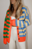 Casual Striped Buckle V Neck Tops Sweater