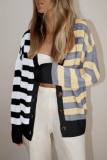 Casual Striped Buckle V Neck Tops Sweater