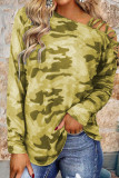Fashion Casual Camouflage Print Split Joint Oblique Collar T-Shirts