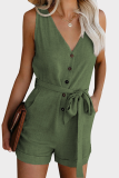Casual Solid Buckle With Belt Straight Rompers