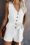 Casual Solid Buckle With Belt Straight Rompers