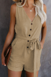 Casual Solid Buckle With Belt Straight Rompers
