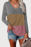 Casual Color Lump Split Joint V Neck Tops