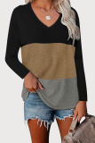 Casual Color Lump Split Joint V Neck Tops