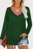 Casual Patchwork Slit Basic V Neck Tops