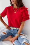 Casual Solid Patchwork Flounce O Neck T-Shirts