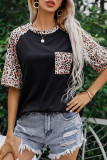 Fashion Casual Leopard Split Joint O Neck T-Shirts