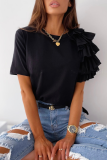 Casual Solid Patchwork Flounce O Neck T-Shirts