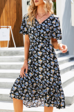 Casual Elegant Floral Buckle Flounce V Neck A Line Dresses