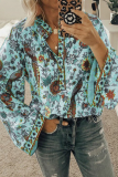 Street Print Split Joint Buttons Mandarin Collar Tops