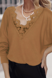 Casual Solid Lace Split Joint V Neck Tops