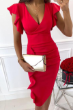 Fashion Elegant Solid Flounce Fold V Neck Wrapped Skirt Dresses