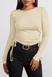 Casual Solid Draw String O Neck Tops