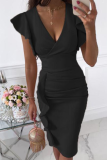 Fashion Elegant Solid Flounce Fold V Neck Wrapped Skirt Dresses