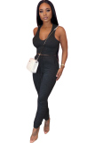 Black adult Active Fashion Draped Patchwork Two Piece Suits Bandage Solid pencil Sleeveless 