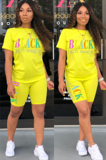 Yellow Fashion Casual adult Letter Patchwork Print Two Piece Suits pencil Short Sleeve Two Pieces