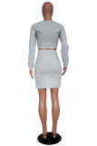 Grey Casual 3/4 Length Sleeves O neck Hip skirt skirt  Two Piece Dresses