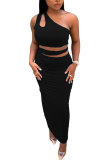 Black Fashion adult Lightly cooked Patchwork Solid Two Piece Suits HOLLOWED OUT A-line skirt Sleeveless Two Pieces