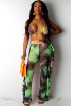 Army Green Polyester Sexy Fashion Stringy selvedge Print Tie Dye Patchwork Loose Sleeveless 