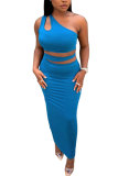 Blue Fashion adult Lightly cooked Patchwork Solid Two Piece Suits HOLLOWED OUT A-line skirt Sleeveless Two Pieces