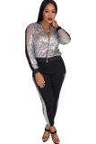 Gold Active Solid Two Piece Suits Patchwork Sequin pencil Long Sleeve