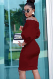 Red Fashion Off The Shoulder lantern sleeve 3/4 Length Sleeves One word collar Slim Dress Knee-Length So