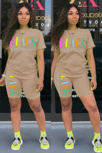 Apricot Fashion Casual adult Letter Patchwork Print Two Piece Suits pencil Short Sleeve Two Pieces
