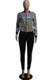 Rose Gold Active Solid Two Piece Suits Patchwork Sequin pencil Long Sleeve