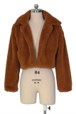 Brown Turndown Collar Solid Fur Pure Long Sleeve 