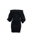 Dark Blue Fashion Off The Shoulder lantern sleeve 3/4 Length Sleeves One word collar Slim Dress Knee-Length So