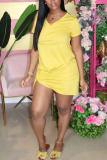 Black Fashion adult Ma'am Street Red Black Grey Pink Turquoise Yellow Cap Sleeve Short Sleeves V Neck Asymmetrical skirt Solid Draped asymmetrical Dresses