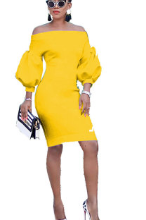 Yellow Fashion Off The Shoulder lantern sleeve 3/4 Length Sleeves One word collar Slim Dress Knee-Length So