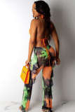 Army Green Sexy Fashion Stringy selvedge Print Tie Dye Patchwork Loose Sleeveless