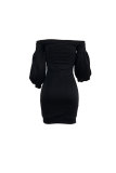 Dark Blue Fashion Off The Shoulder lantern sleeve 3/4 Length Sleeves One word collar Slim Dress Knee-Length So