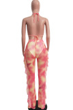 Pink Sexy Fashion Stringy selvedge Print Tie Dye Patchwork Loose Sleeveless