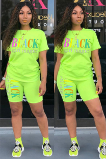 Green Fashion Casual adult Letter Patchwork Print Two Piece Suits pencil Short Sleeve Two Pieces