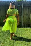 Fluorescent green Polyester Sexy Fashion asymmetrical Fluorescent crop top Solid Two Piece Suits Draped Pleated skirt 