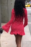 Red Fashion Sexy Cap Sleeve Long Sleeves V Neck Pleated Print Polka Dot Print Dresses